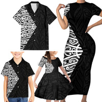 Black New Zealand Puhoro Maori Tattoo Family Matching Short Sleeve Bodycon Dress and Hawaiian Shirt