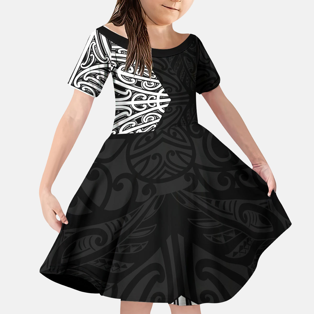 Black New Zealand Puhoro Maori Tattoo Kid Short Sleeve Dress LT14 KID Black - Polynesian Pride