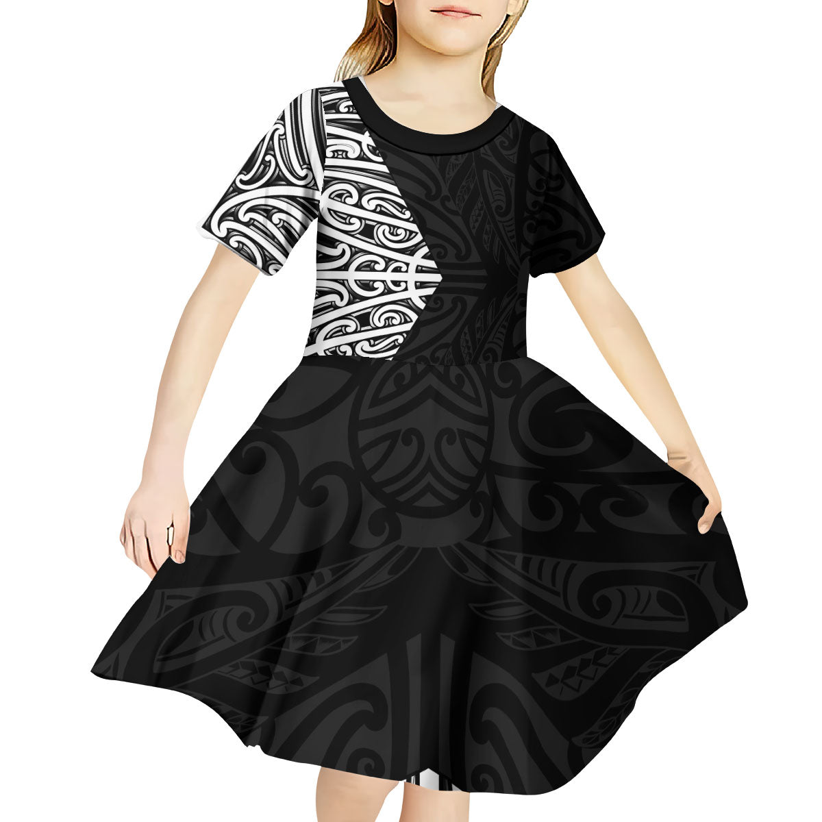 Black New Zealand Puhoro Maori Tattoo Kid Short Sleeve Dress