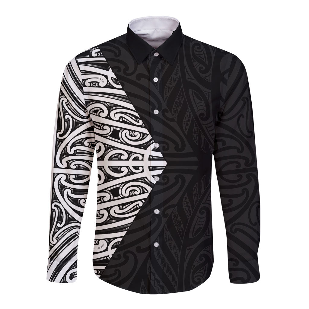 Black New Zealand Puhoro Maori Tattoo Long Sleeve Button Shirt