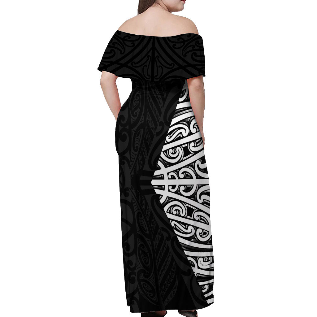 Black New Zealand Puhoro Maori Tattoo Off Shoulder Maxi Dress