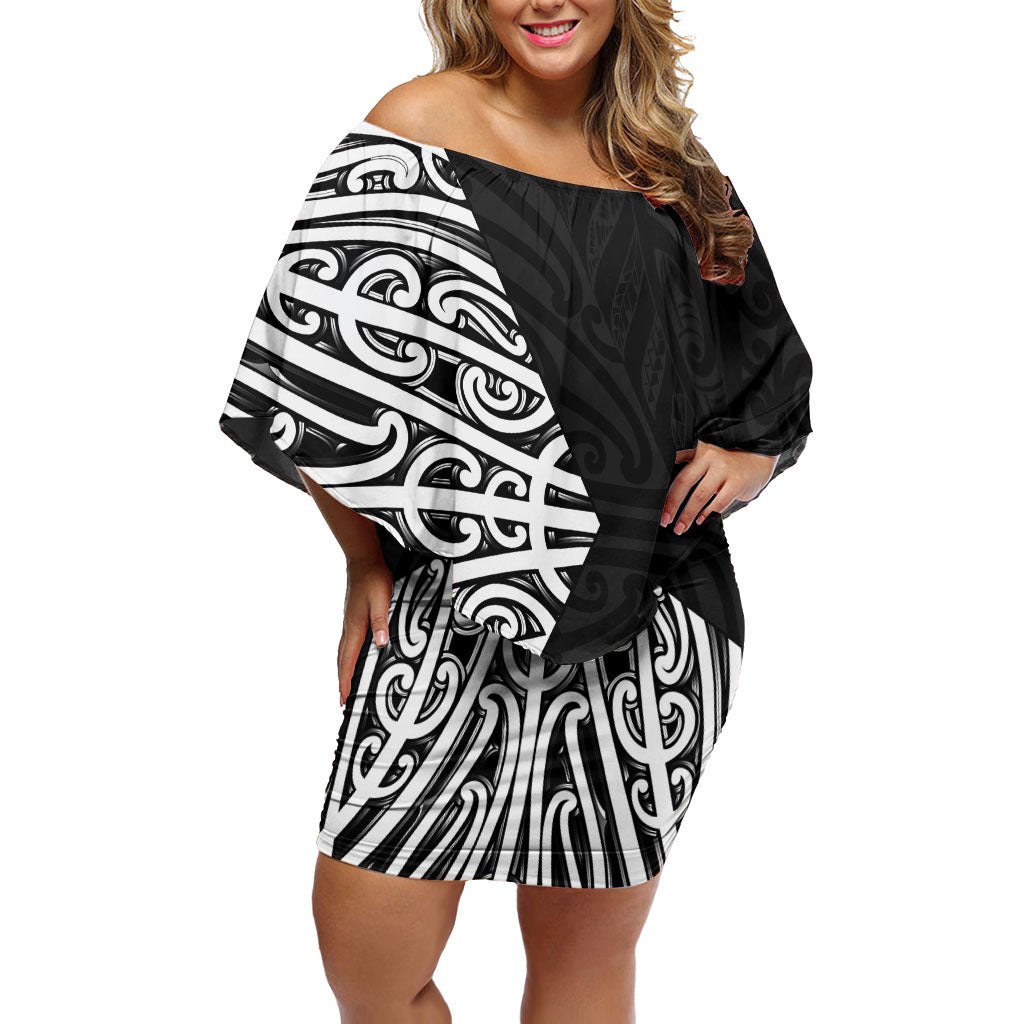 Black New Zealand Puhoro Maori Tattoo Off Shoulder Short Dress