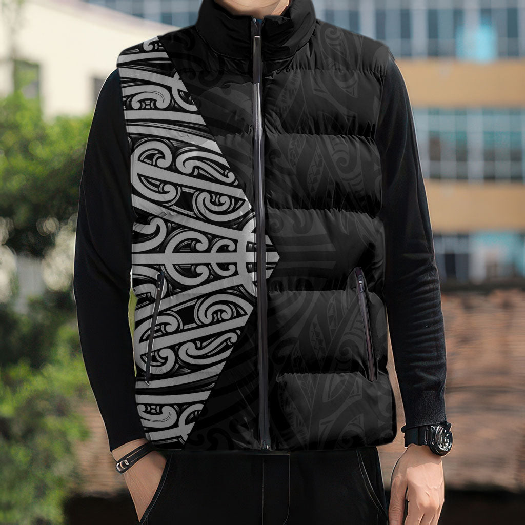 Black New Zealand Puhoro Maori Tattoo Sleeveless Puffer Jacket