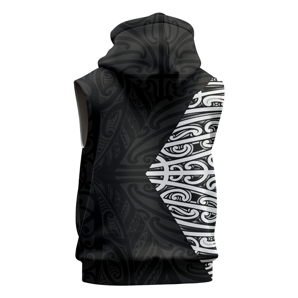 Black New Zealand Puhoro Maori Tattoo Sleeveless Zip Hoodie