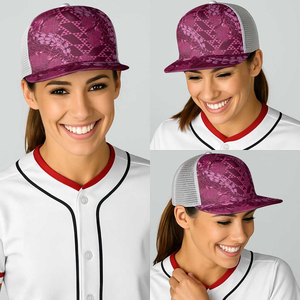 Pink Aloha Hawaii Baseball Net Cap Hawaiian Kakau Ohia Lehua Lei - Polynesian Pride