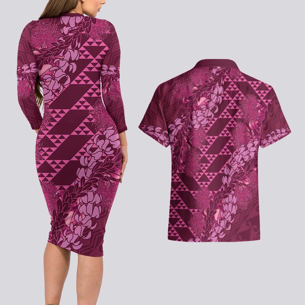 Pink Aloha Hawaii Couples Matching Long Sleeve Bodycon Dress and Hawaiian Shirt Hawaiian Kakau Ohia Lehua Lei - Polynesian Pride