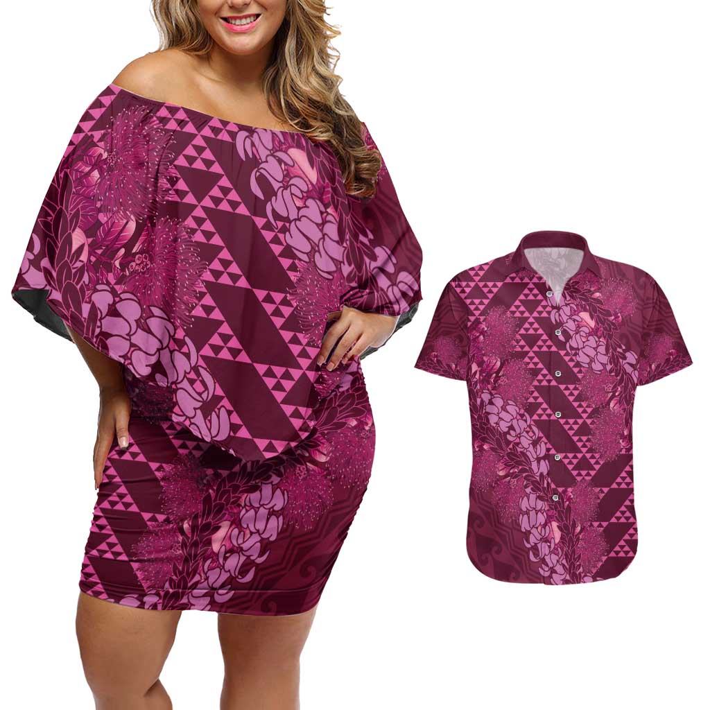 Pink Aloha Hawaii Couples Matching Off Shoulder Short Dress and Hawaiian Shirt Hawaiian Kakau Ohia Lehua Lei - Polynesian Pride