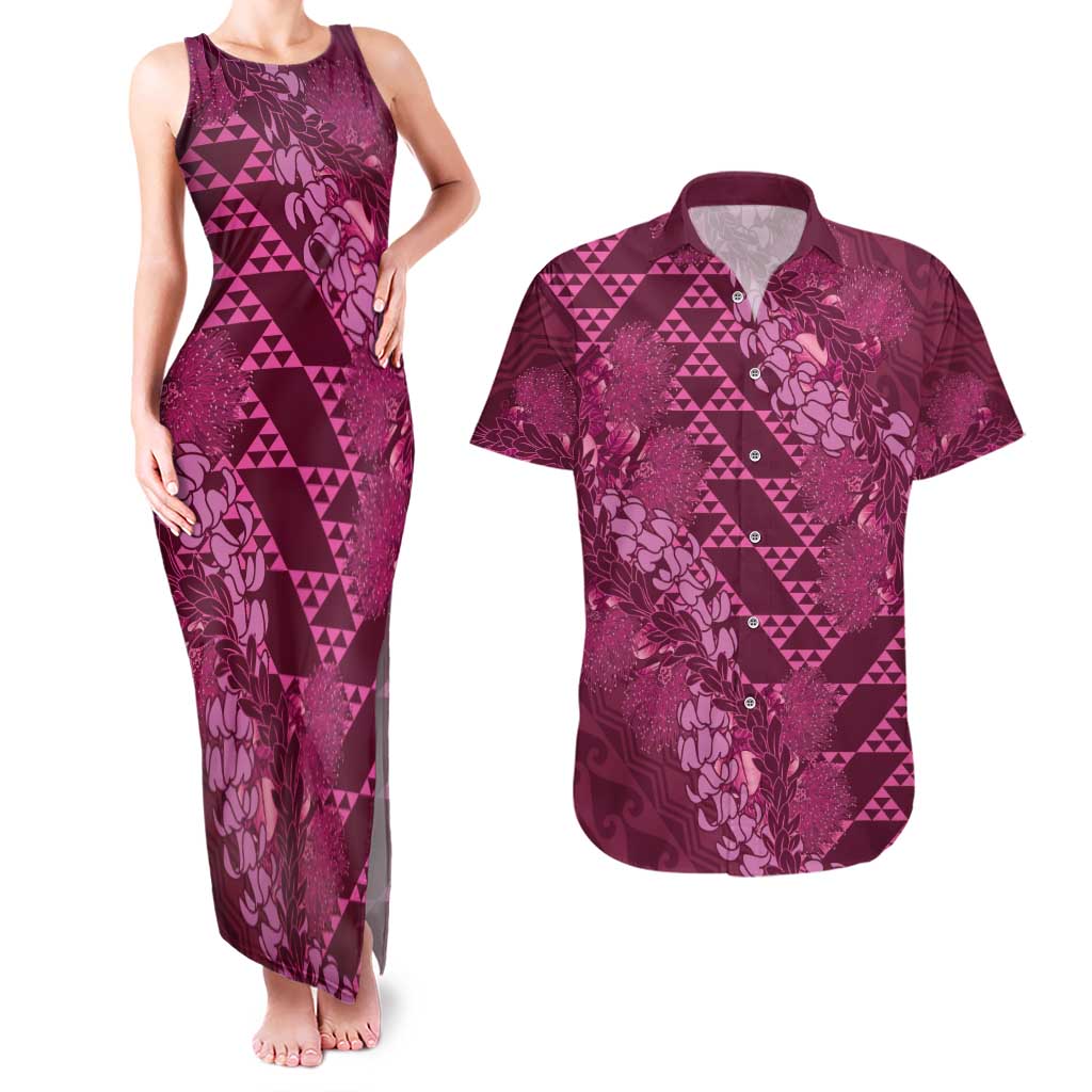 Pink Aloha Hawaii Couples Matching Tank Maxi Dress and Hawaiian Shirt Hawaiian Kakau Ohia Lehua Lei - Polynesian Pride
