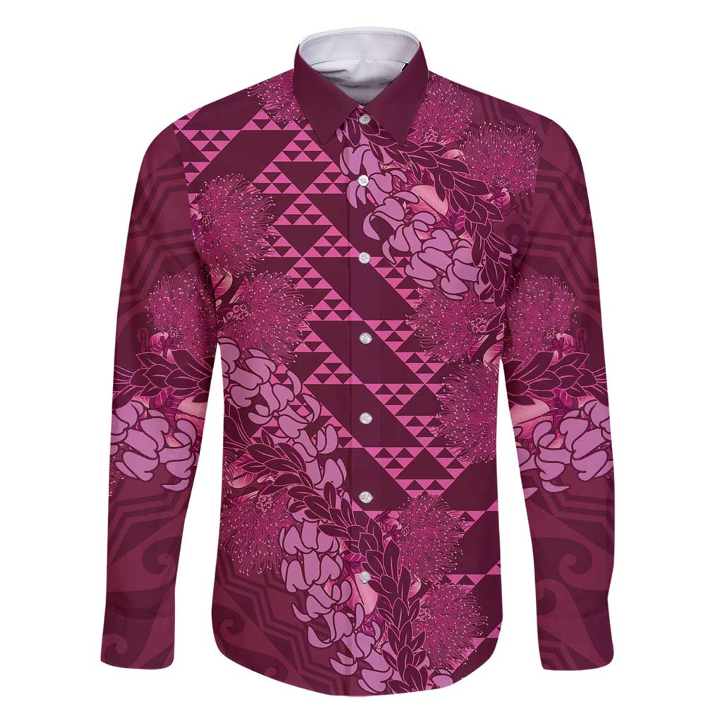 Pink Aloha Hawaii Family Matching Mermaid Dress and Hawaiian Shirt Hawaiian Kakau Ohia Lehua Lei LT14 Dad's Shirt - Long Sleeve Pink - Polynesian Pride