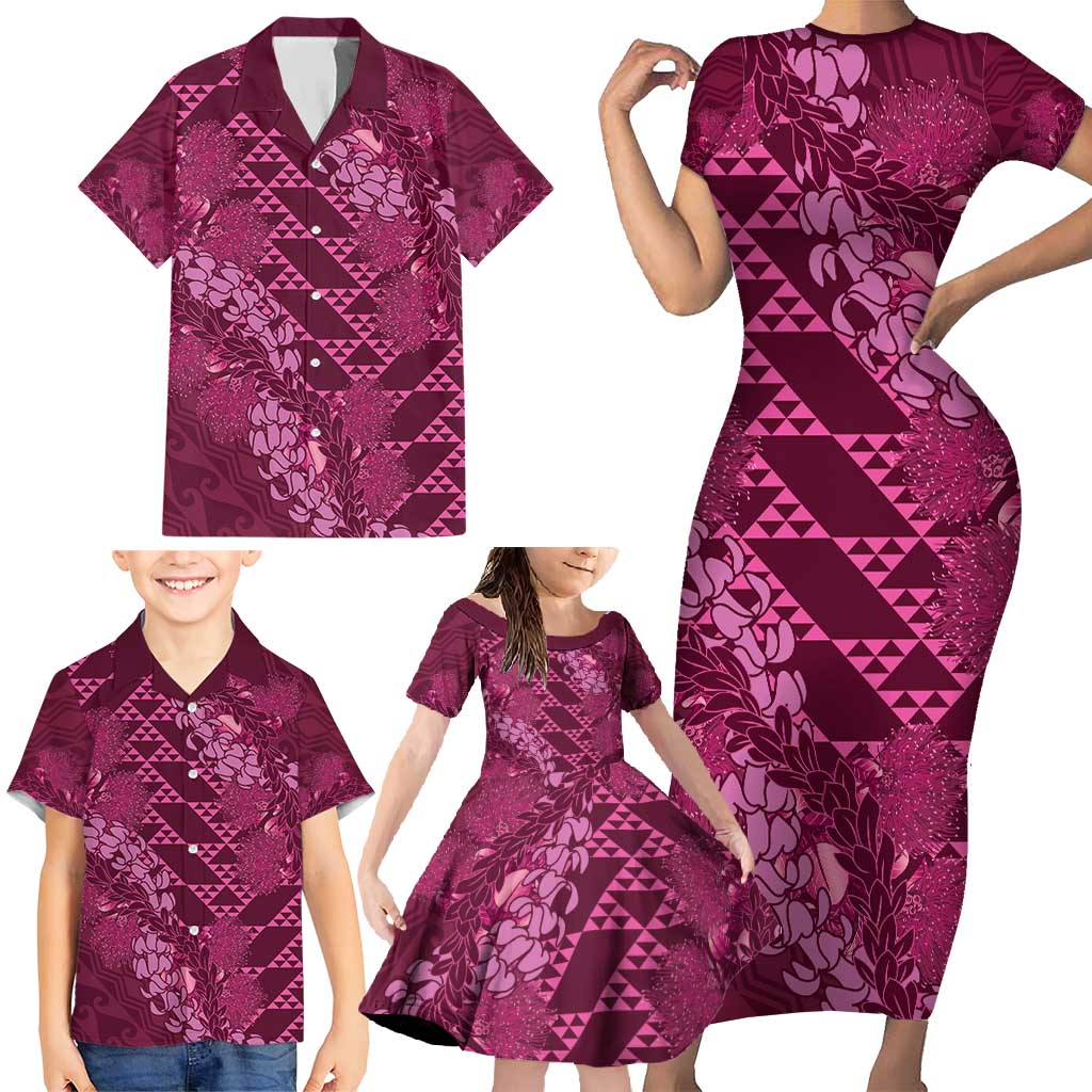 Pink Aloha Hawaii Family Matching Short Sleeve Bodycon Dress and Hawaiian Shirt Hawaiian Kakau Ohia Lehua Lei LT14 - Polynesian Pride