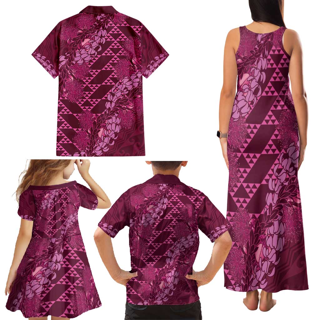 Pink Aloha Hawaii Family Matching Tank Maxi Dress and Hawaiian Shirt Hawaiian Kakau Ohia Lehua Lei - Polynesian Pride
