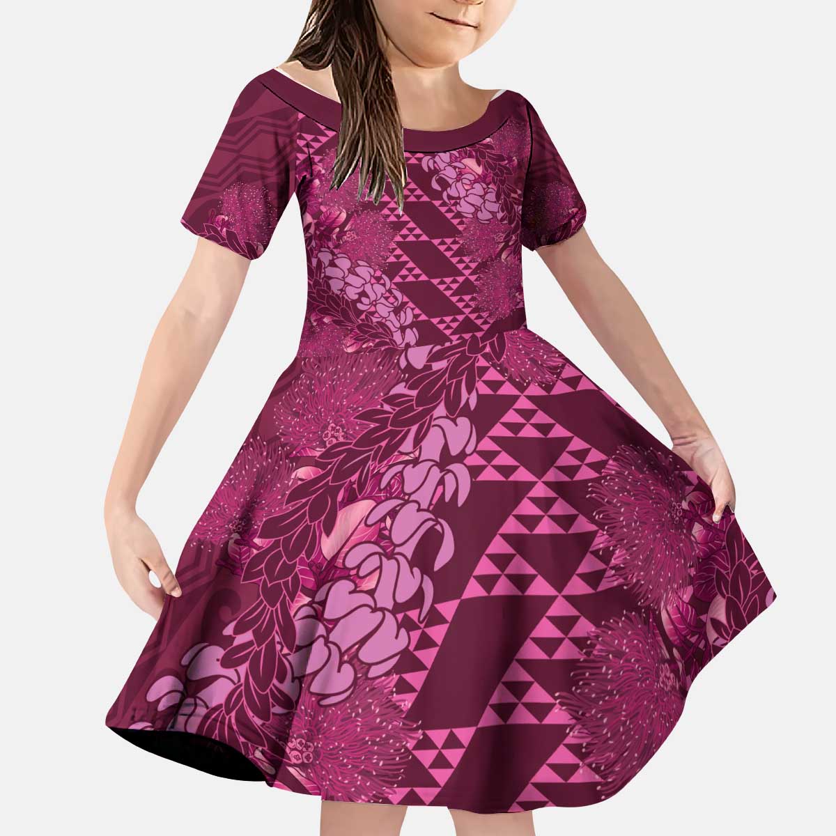 Pink Aloha Hawaii Kid Short Sleeve Dress Hawaiian Kakau Ohia Lehua Lei - Polynesian Pride