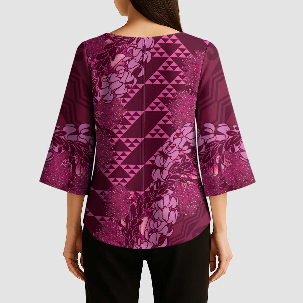 Pink Aloha Hawaii Kimono Sleeve Blouse Hawaiian Kakau Ohia Lehua Lei - Polynesian Pride