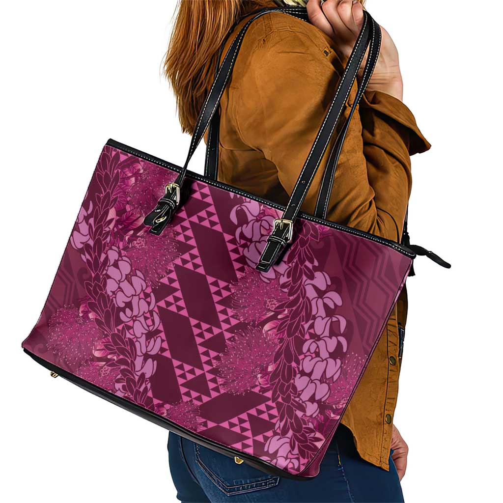 Pink Aloha Hawaii Leather Tote Bag Hawaiian Kakau Ohia Lehua Lei - Polynesian Pride