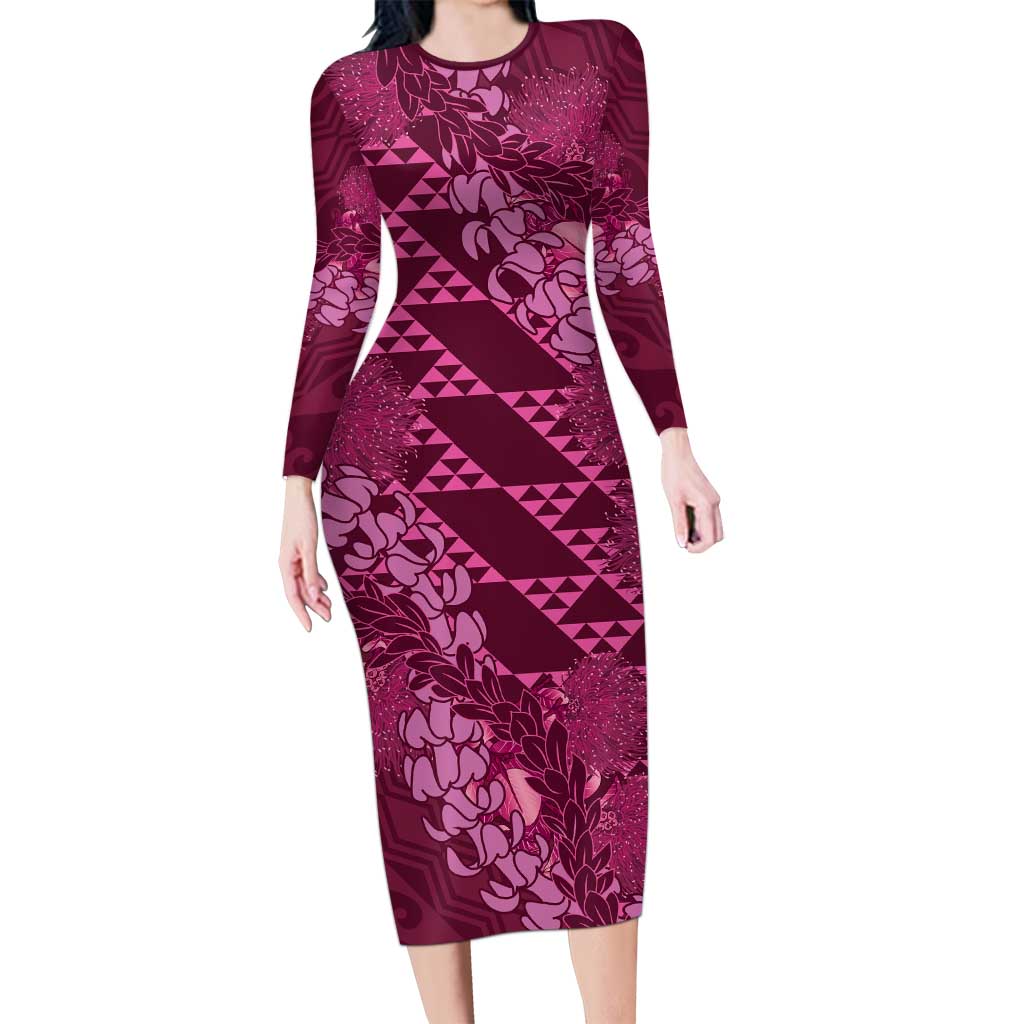 Pink Aloha Hawaii Long Sleeve Bodycon Dress Hawaiian Kakau Ohia Lehua Lei - Polynesian Pride