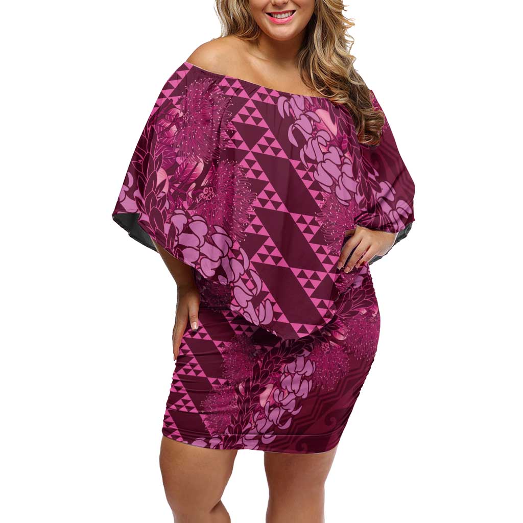 Pink Aloha Hawaii Off Shoulder Short Dress Hawaiian Kakau Ohia Lehua Lei - Polynesian Pride