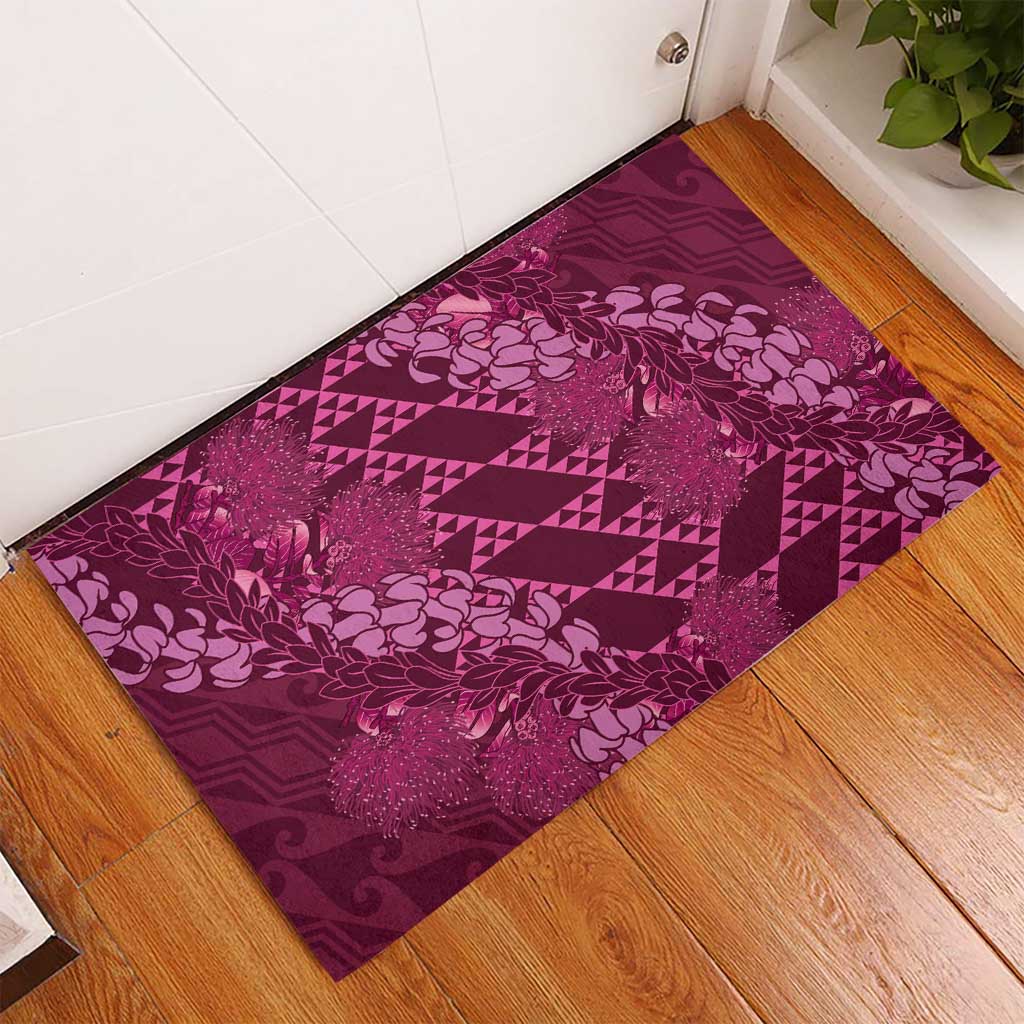 Pink Aloha Hawaii Rubber Doormat Hawaiian Kakau Ohia Lehua Lei - Polynesian Pride