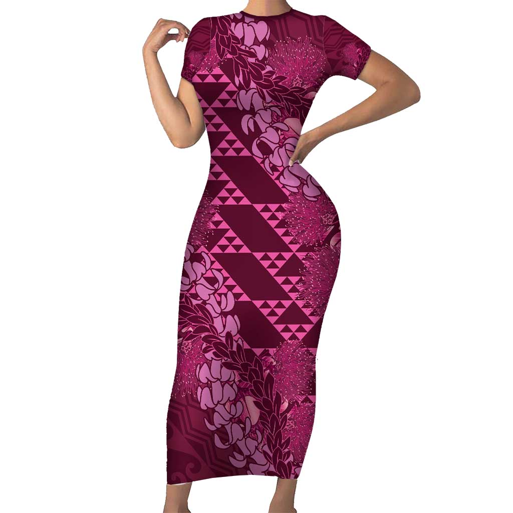 Pink Aloha Hawaii Short Sleeve Bodycon Dress Hawaiian Kakau Ohia Lehua Lei - Polynesian Pride