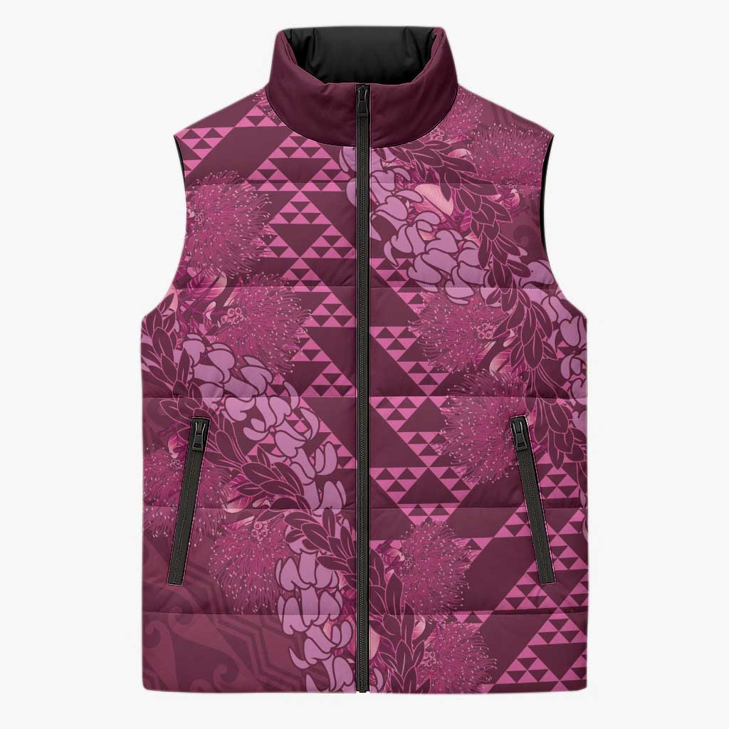 Pink Aloha Hawaii Sleeveless Puffer Jacket Hawaiian Kakau Ohia Lehua Lei - Polynesian Pride