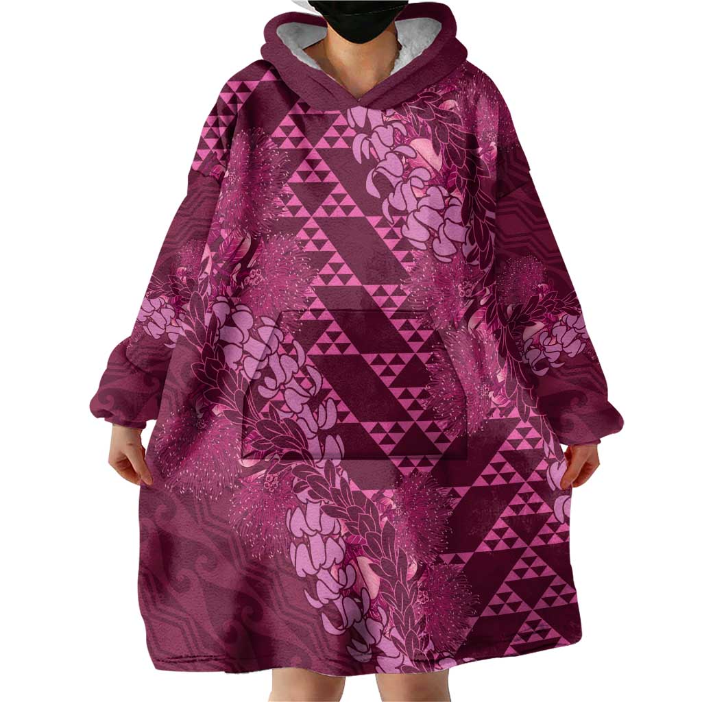 Pink Aloha Hawaii Wearable Blanket Hoodie Hawaiian Kakau Ohia Lehua Lei - Polynesian Pride