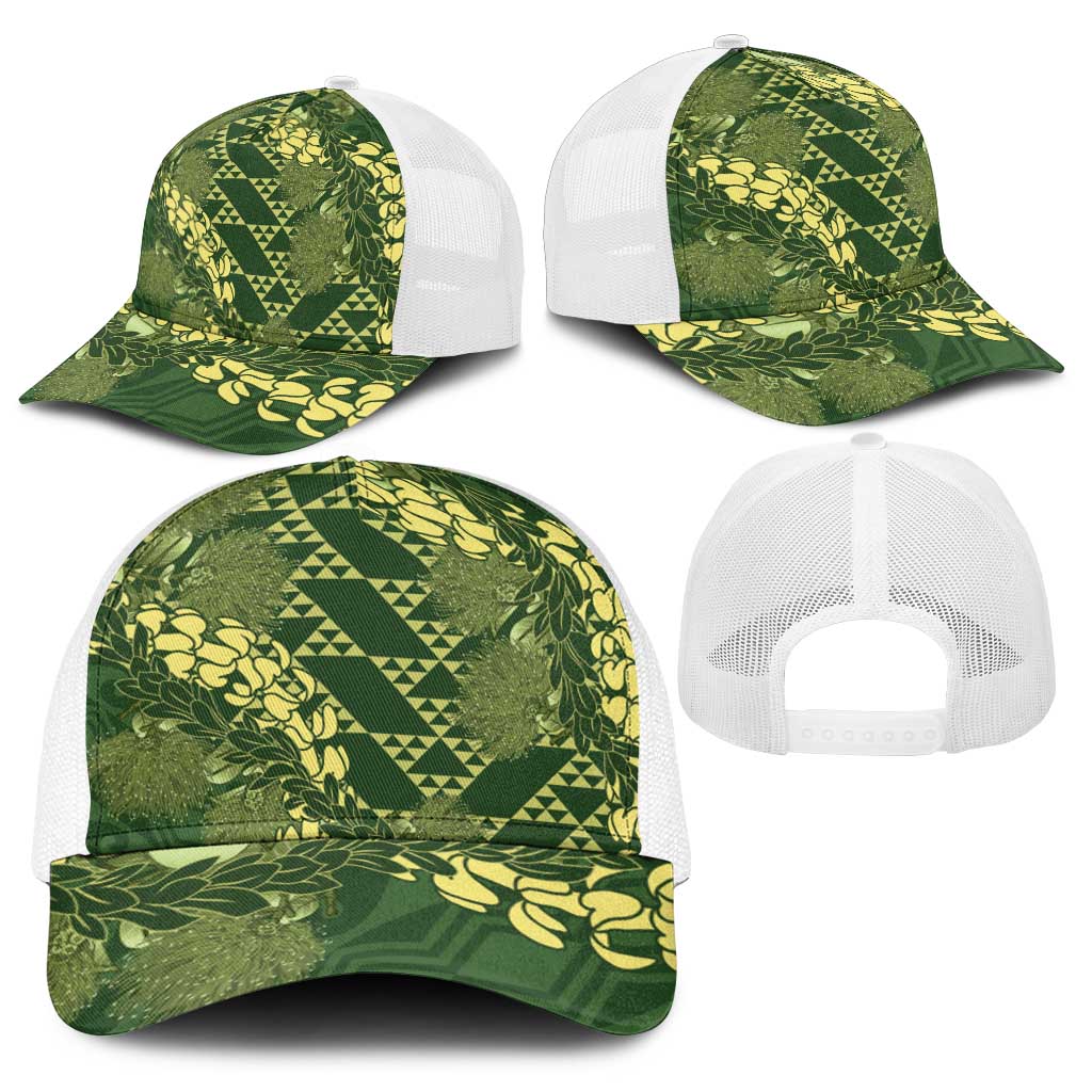 Green Aloha Hawaii Baseball Net Cap Hawaiian Kakau Ohia Lehua Lei - Polynesian Pride