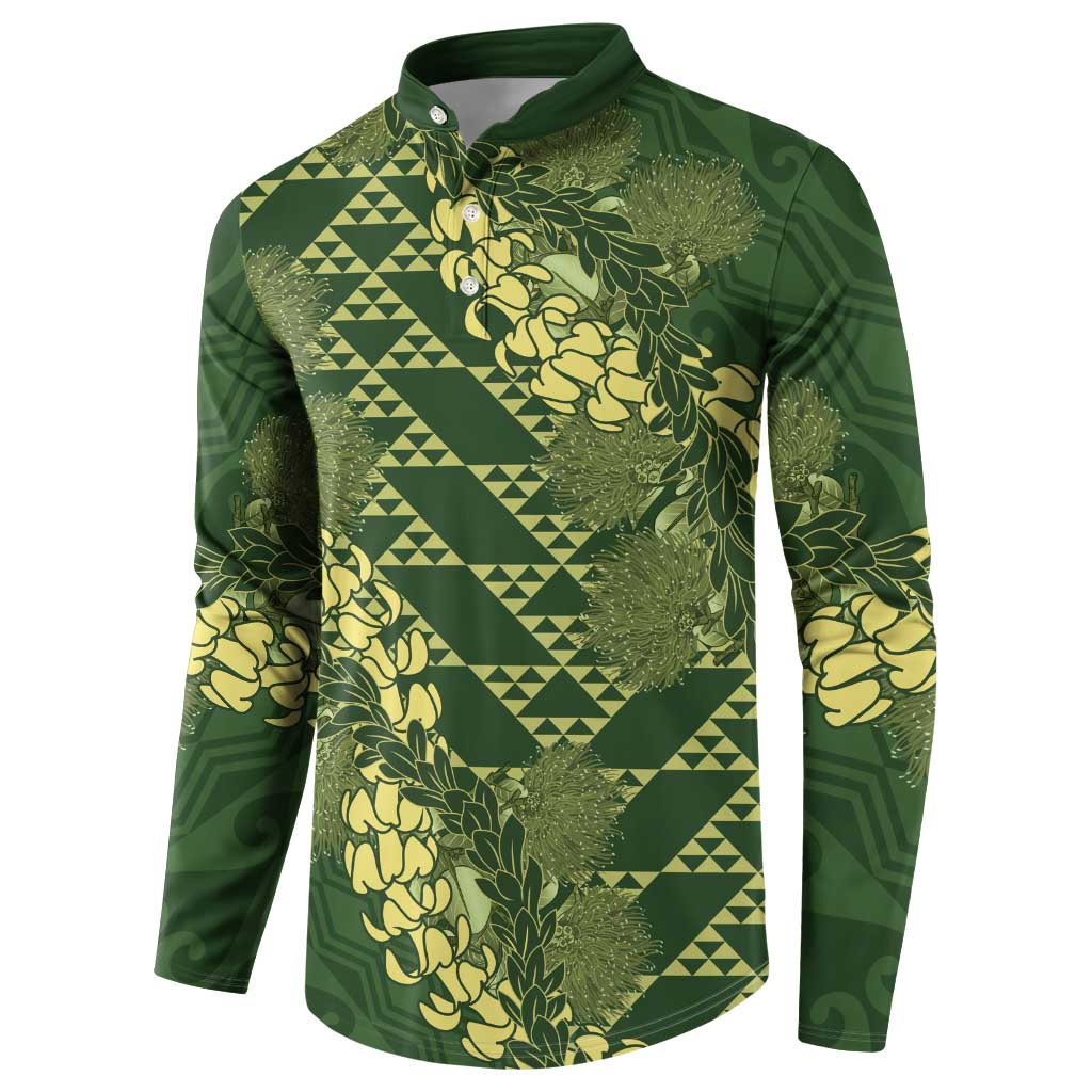 Green Aloha Hawaii Button Sweatshirt Hawaiian Kakau Ohia Lehua Lei - Polynesian Pride