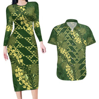 Green Aloha Hawaii Couples Matching Long Sleeve Bodycon Dress and Hawaiian Shirt Hawaiian Kakau Ohia Lehua Lei - Polynesian Pride