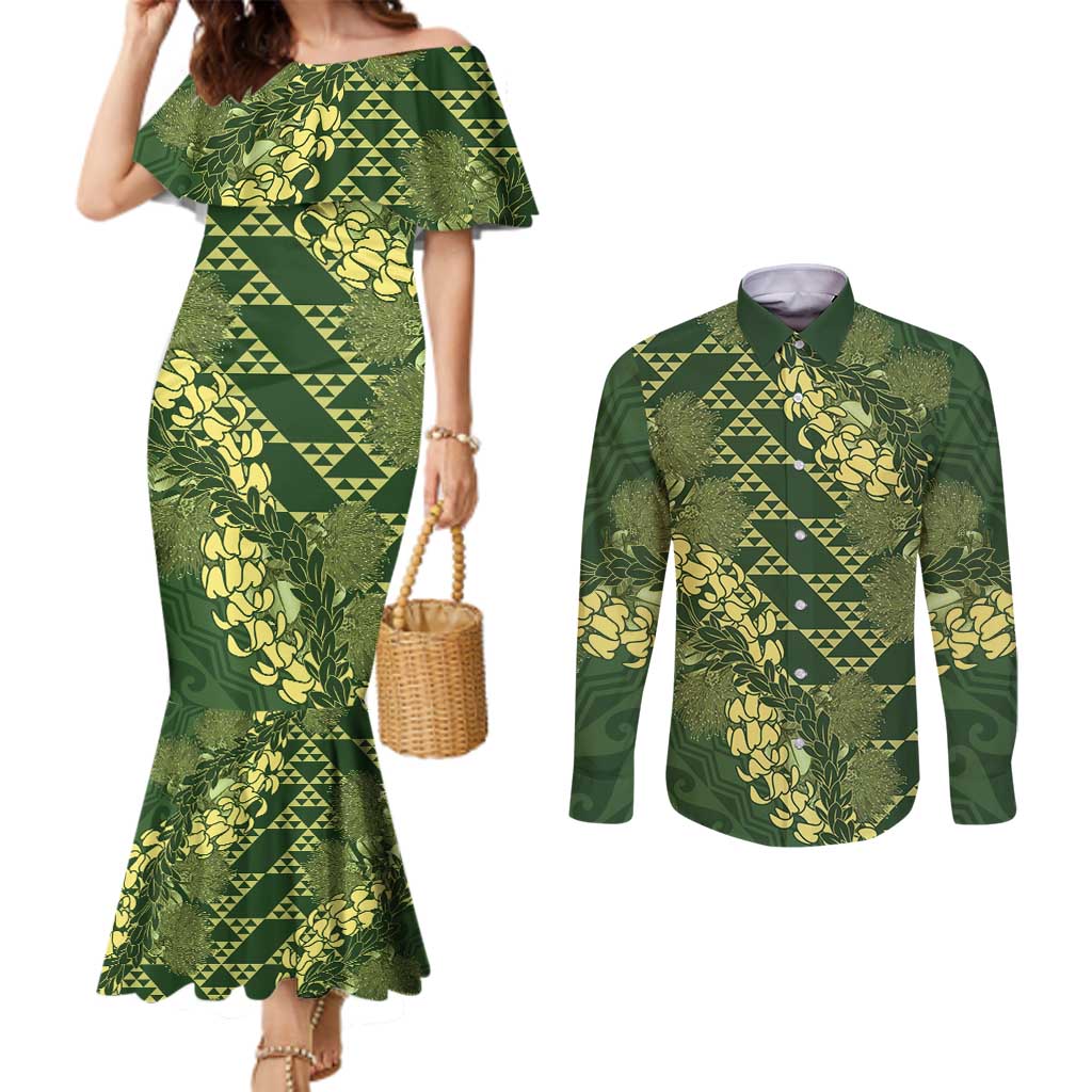 Green Aloha Hawaii Couples Matching Mermaid Dress and Long Sleeve Button Shirt Hawaiian Kakau Ohia Lehua Lei - Polynesian Pride