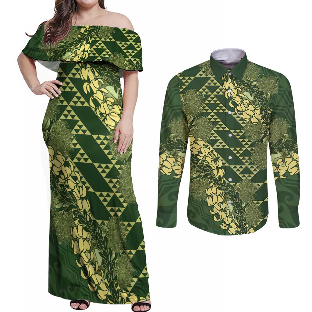 Green Aloha Hawaii Couples Matching Off Shoulder Maxi Dress and Long Sleeve Button Shirt Hawaiian Kakau Ohia Lehua Lei - Polynesian Pride