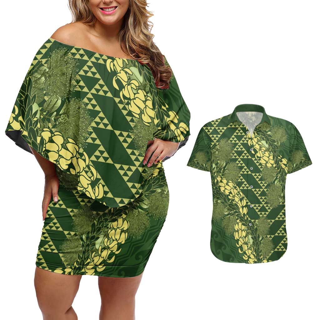 Green Aloha Hawaii Couples Matching Off Shoulder Short Dress and Hawaiian Shirt Hawaiian Kakau Ohia Lehua Lei - Polynesian Pride