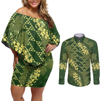 Green Aloha Hawaii Couples Matching Off Shoulder Short Dress and Long Sleeve Button Shirt Hawaiian Kakau Ohia Lehua Lei - Polynesian Pride