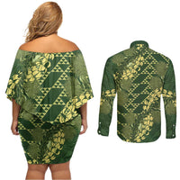 Green Aloha Hawaii Couples Matching Off Shoulder Short Dress and Long Sleeve Button Shirt Hawaiian Kakau Ohia Lehua Lei - Polynesian Pride