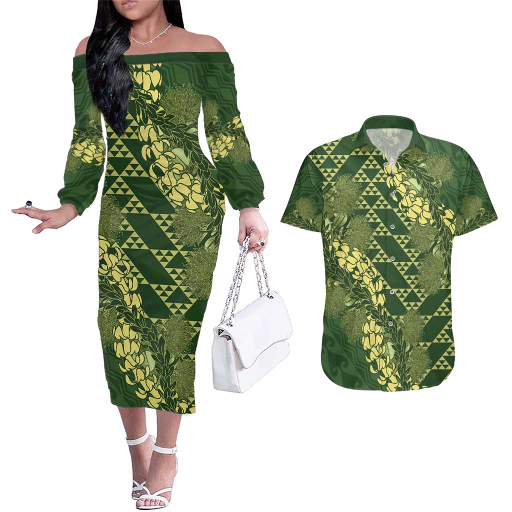 Green Aloha Hawaii Couples Matching Off The Shoulder Long Sleeve Dress and Hawaiian Shirt Hawaiian Kakau Ohia Lehua Lei - Polynesian Pride