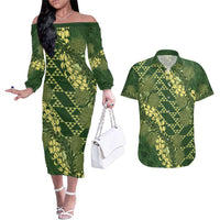 Green Aloha Hawaii Couples Matching Off The Shoulder Long Sleeve Dress and Hawaiian Shirt Hawaiian Kakau Ohia Lehua Lei - Polynesian Pride