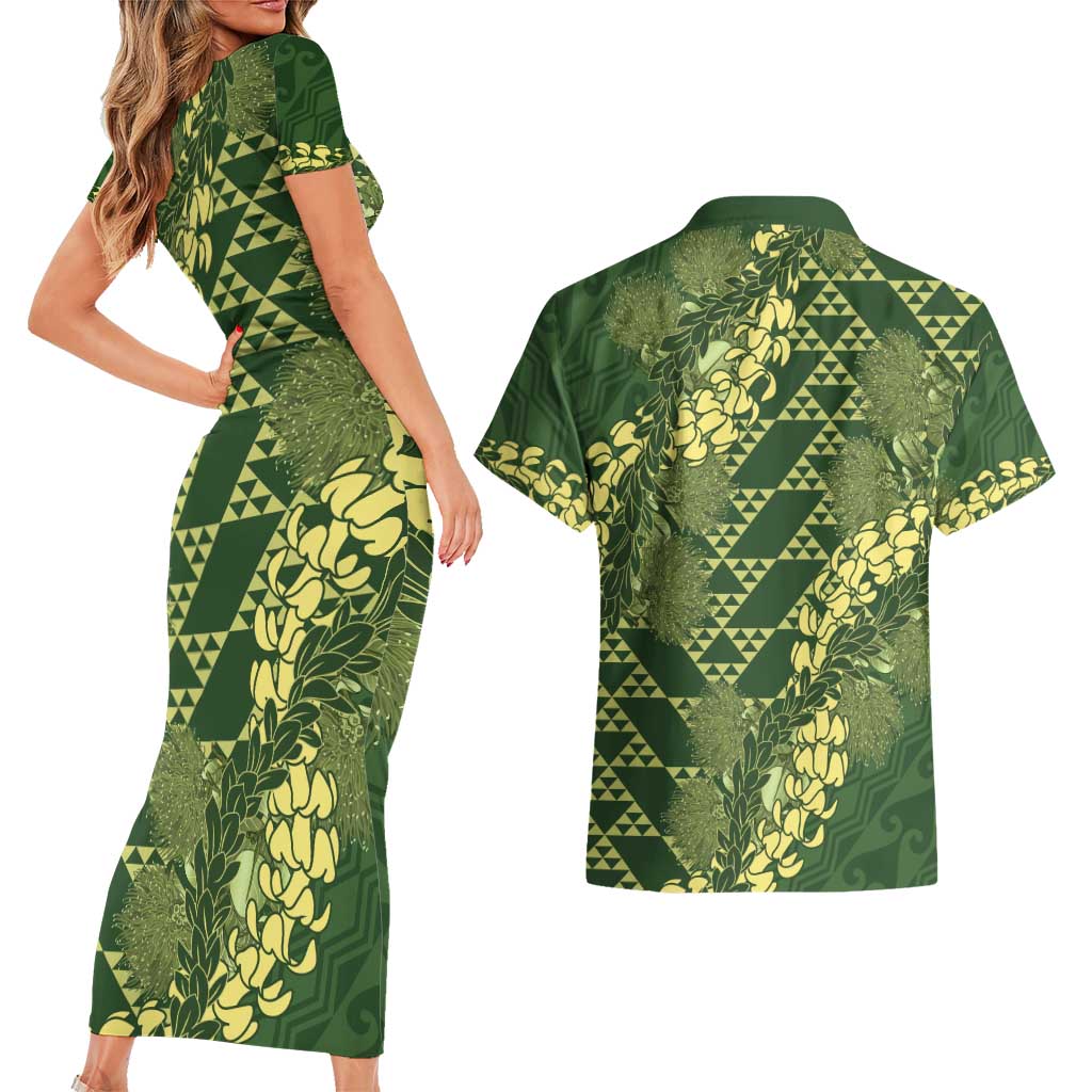 Green Aloha Hawaii Couples Matching Short Sleeve Bodycon Dress and Hawaiian Shirt Hawaiian Kakau Ohia Lehua Lei - Polynesian Pride