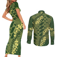 Green Aloha Hawaii Couples Matching Short Sleeve Bodycon Dress and Long Sleeve Button Shirt Hawaiian Kakau Ohia Lehua Lei - Polynesian Pride