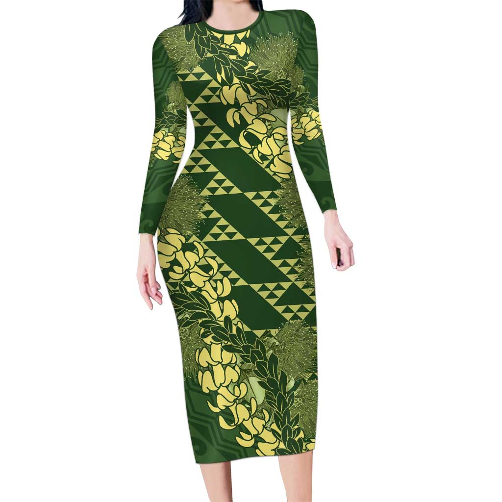 Green Aloha Hawaii Family Matching Long Sleeve Bodycon Dress and Hawaiian Shirt Hawaiian Kakau Ohia Lehua Lei LT14 Mom's Dress Green - Polynesian Pride