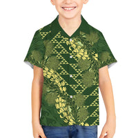 Green Aloha Hawaii Family Matching Long Sleeve Bodycon Dress and Hawaiian Shirt Hawaiian Kakau Ohia Lehua Lei LT14 Son's Shirt Green - Polynesian Pride