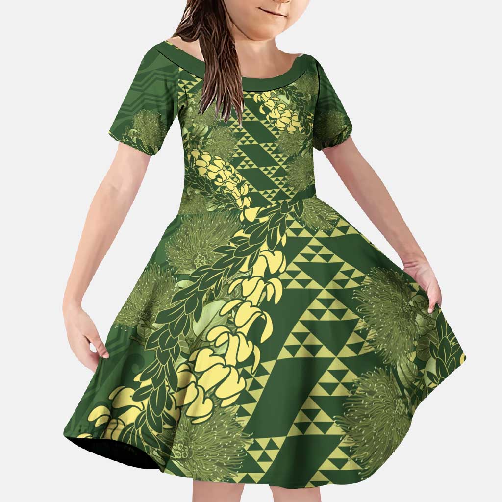 Green Aloha Hawaii Family Matching Mermaid Dress and Hawaiian Shirt Hawaiian Kakau Ohia Lehua Lei LT14 Daughter's Dress Green - Polynesian Pride