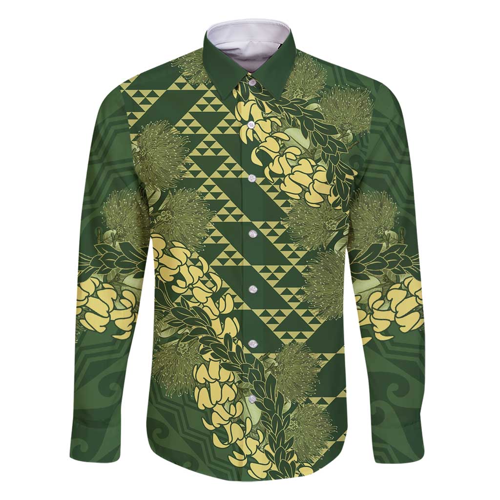 Green Aloha Hawaii Family Matching Mermaid Dress and Hawaiian Shirt Hawaiian Kakau Ohia Lehua Lei LT14 Dad's Shirt - Long Sleeve Green - Polynesian Pride