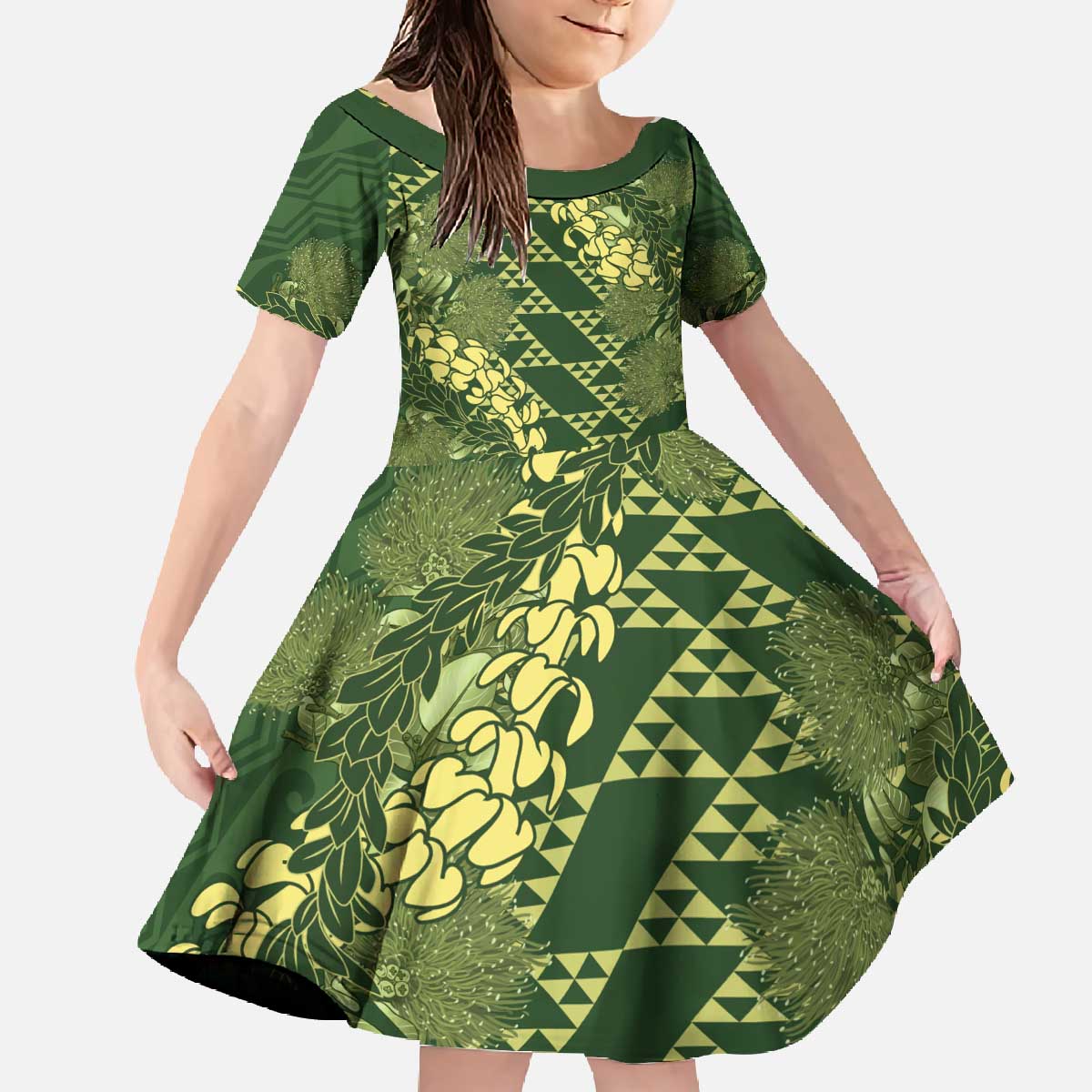Green Aloha Hawaii Family Matching Off The Shoulder Long Sleeve Dress and Hawaiian Shirt Hawaiian Kakau Ohia Lehua Lei - Polynesian Pride