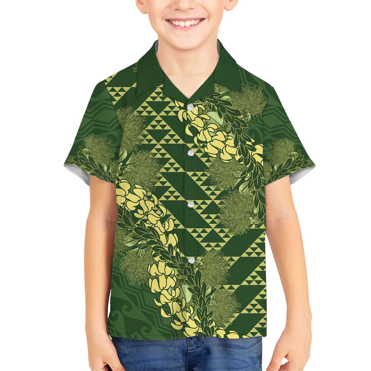 Green Aloha Hawaii Family Matching Off The Shoulder Long Sleeve Dress and Hawaiian Shirt Hawaiian Kakau Ohia Lehua Lei - Polynesian Pride