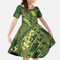 Green Aloha Hawaii Family Matching Short Sleeve Bodycon Dress and Hawaiian Shirt Hawaiian Kakau Ohia Lehua Lei LT14 Daughter's Dress Green - Polynesian Pride