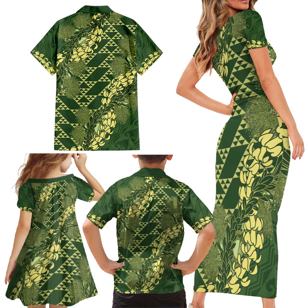 Green Aloha Hawaii Family Matching Short Sleeve Bodycon Dress and Hawaiian Shirt Hawaiian Kakau Ohia Lehua Lei LT14 - Polynesian Pride