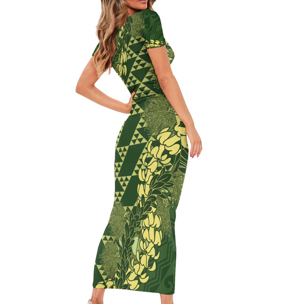 Green Aloha Hawaii Family Matching Short Sleeve Bodycon Dress and Hawaiian Shirt Hawaiian Kakau Ohia Lehua Lei LT14 - Polynesian Pride