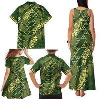 Green Aloha Hawaii Family Matching Tank Maxi Dress and Hawaiian Shirt Hawaiian Kakau Ohia Lehua Lei - Polynesian Pride