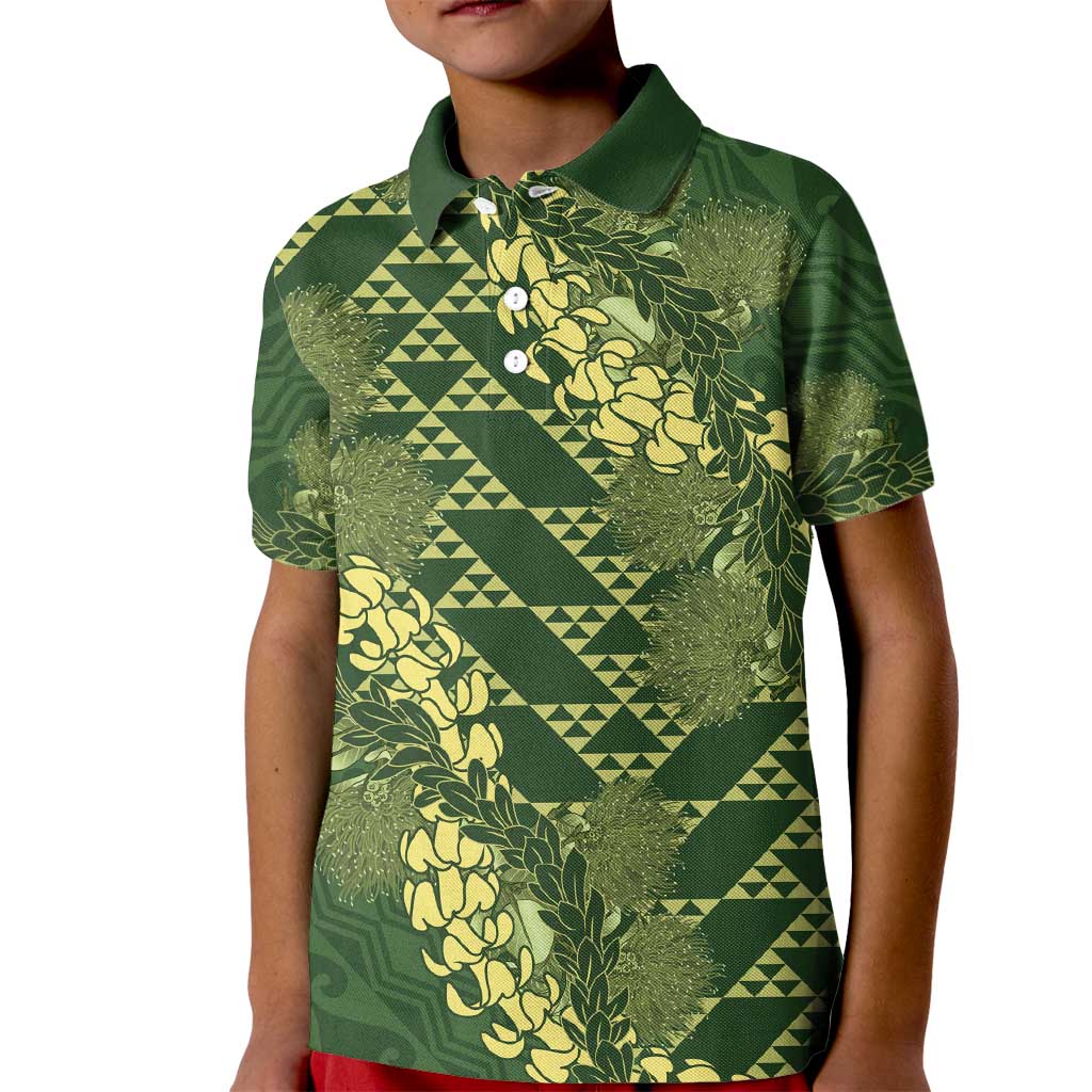 Green Aloha Hawaii Kid Polo Shirt Hawaiian Kakau Ohia Lehua Lei - Polynesian Pride