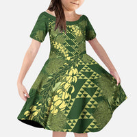 Green Aloha Hawaii Kid Short Sleeve Dress Hawaiian Kakau Ohia Lehua Lei - Polynesian Pride