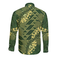 Green Aloha Hawaii Long Sleeve Button Shirt Hawaiian Kakau Ohia Lehua Lei - Polynesian Pride