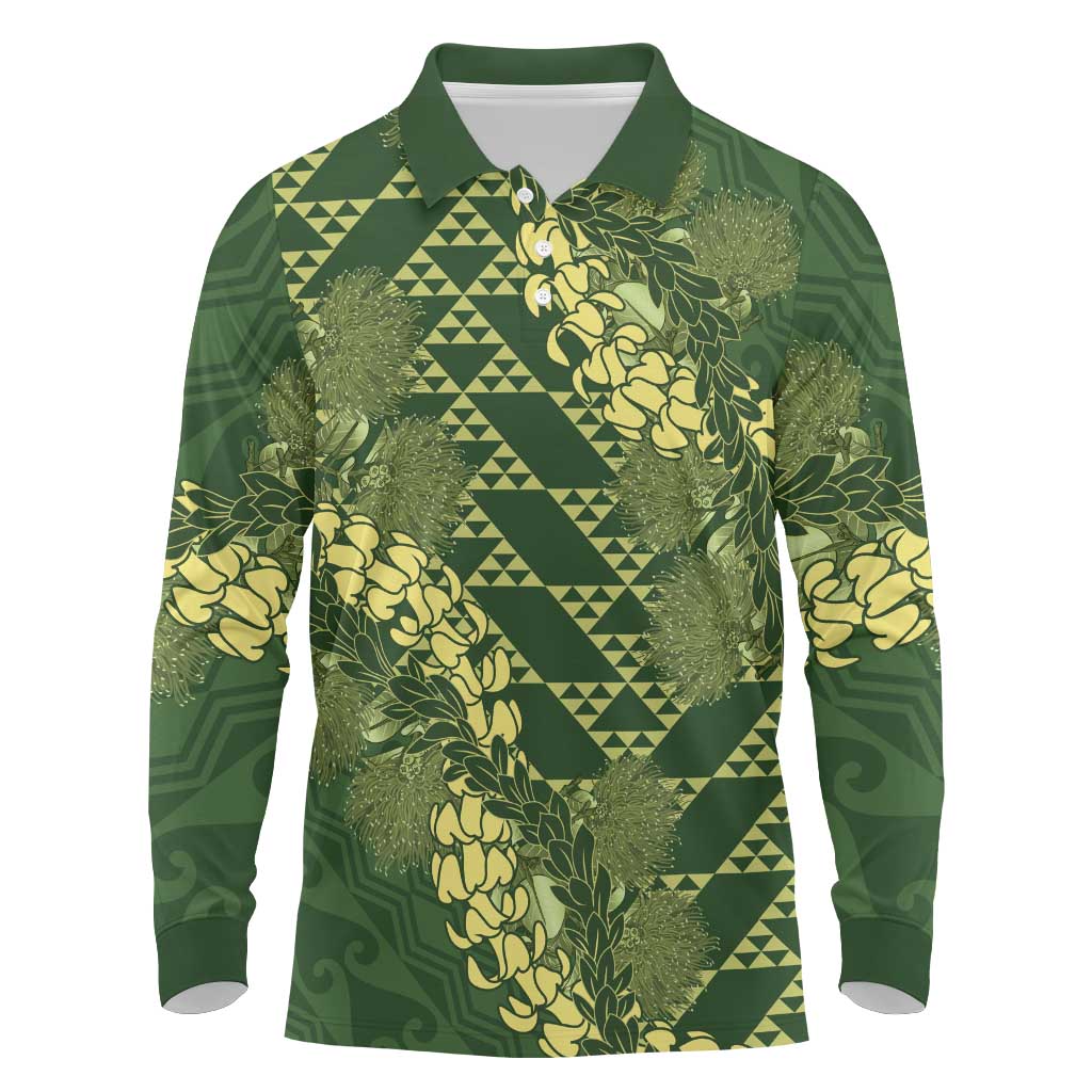 Green Aloha Hawaii Long Sleeve Polo Shirt Hawaiian Kakau Ohia Lehua Lei - Polynesian Pride